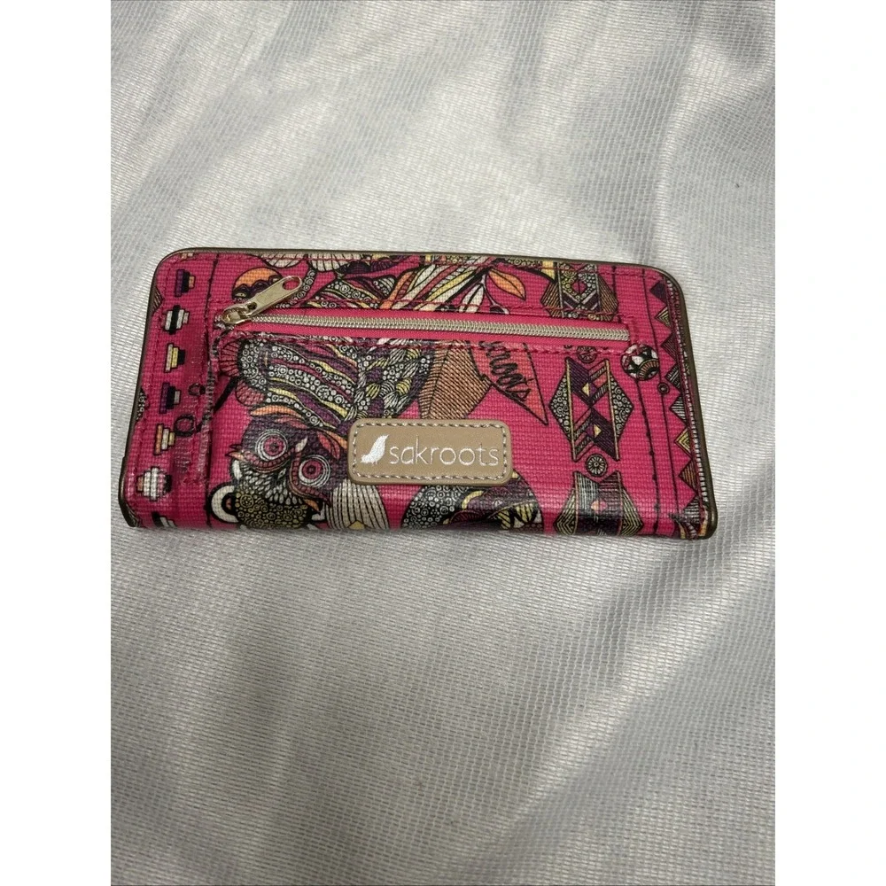 Sakroots Pink Embroidered Owl Boho Style Card Holder Clutch Wallet 12 Card Slots